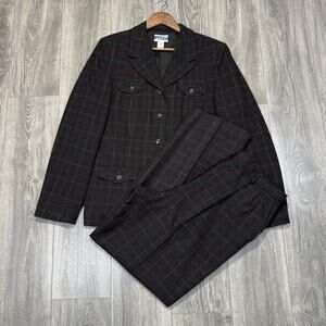 Vtg 2 Piece PENDLETON Women's Gray Red Plaid Wool Blazer Pants Suit Set Size 16
